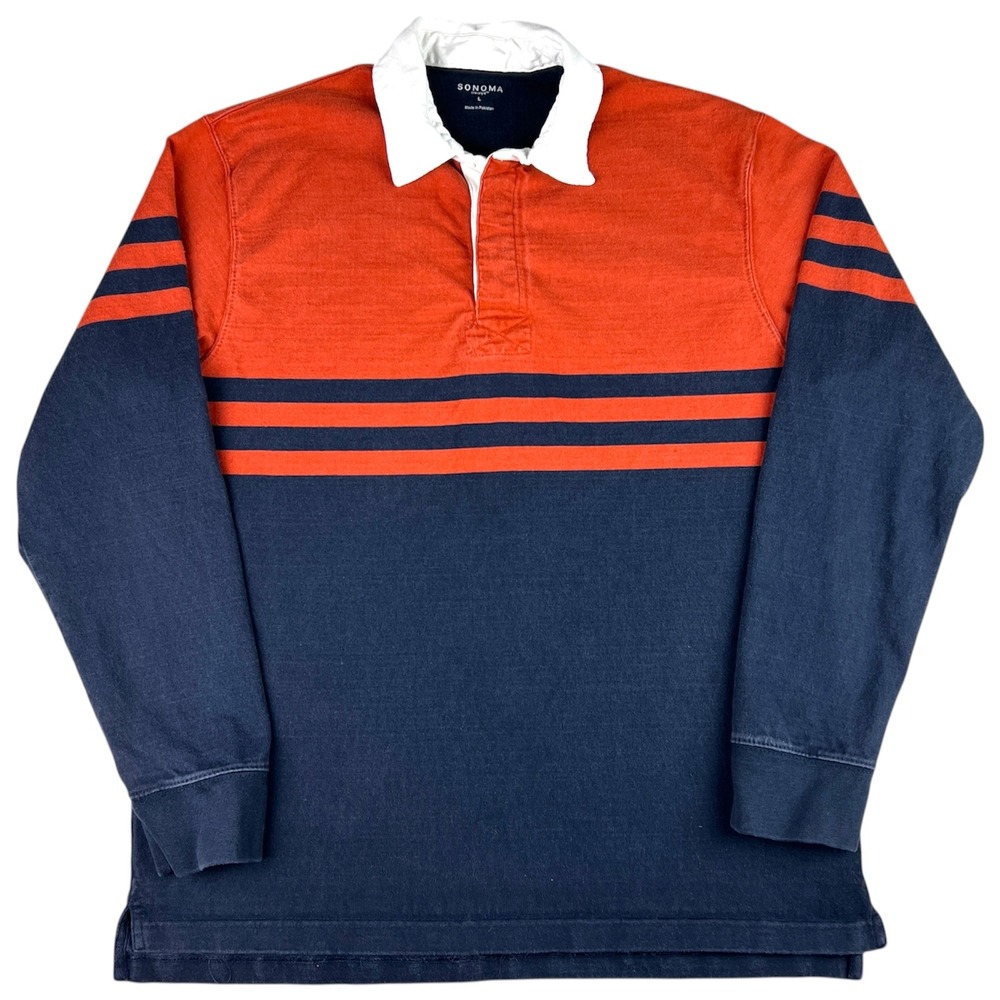 Y2K SONOMA Rugby Shirt‎ Men's L Orange Navy Blue Stripe Heavyweight Collared LS